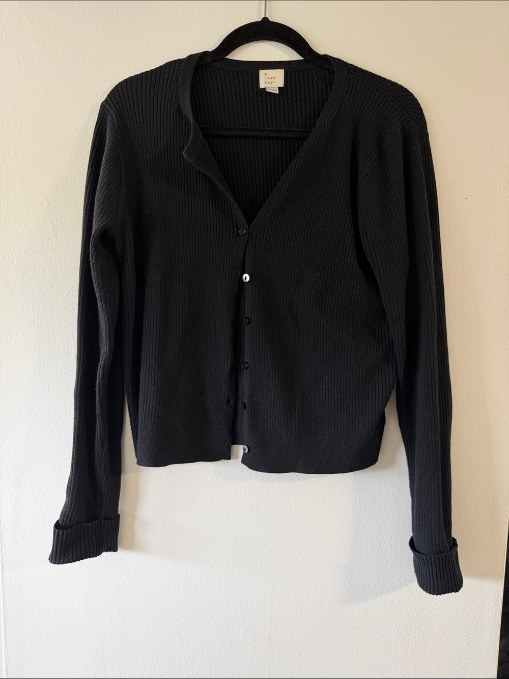 a new day Black Ribbed V‑Neck Button Cardigan